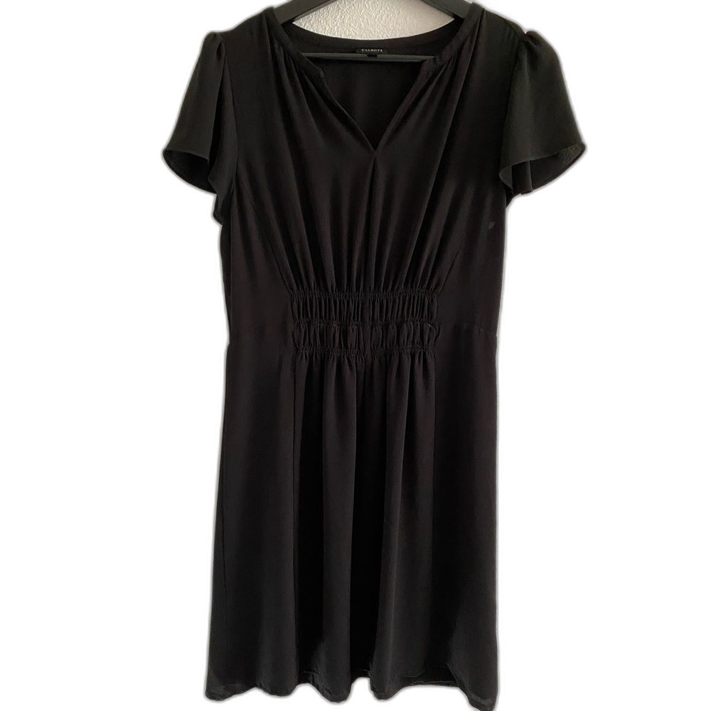 Talbots Women's Black Chiffon Short Sleeve Dress Gathered Elastic Waist 6 UB1-34